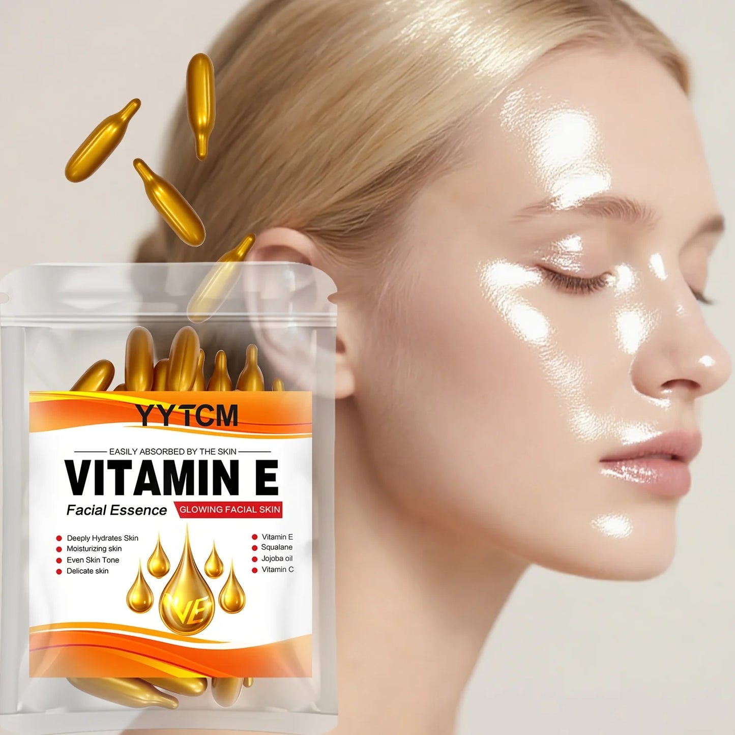 Vitamin E Deep Moisturizing Capsule Essence, Hydrates and Smooths Skin, Contains Plant-Based Squalane, Vitamin C, Deep Hydration and Skin-Brightening Essence (0.4Gx30 Capsules)/Bag-1 Bag